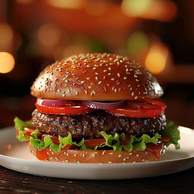 3d rendered photos of patty burger dish with beef patty tomatoes onion cabbage close view