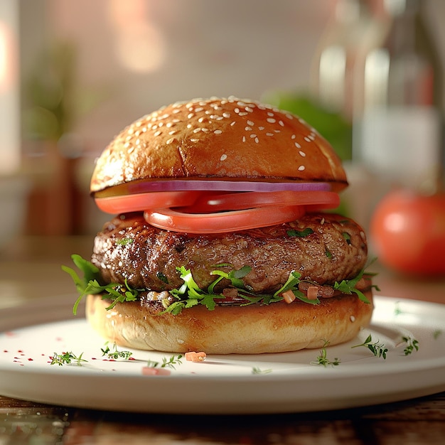 3d rendered photos of patty burger dish with beef patty tomatoes onion cabbage close view