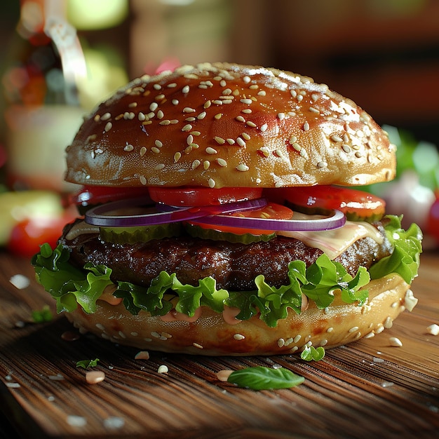 3d rendered photos of patty burger dish with beef patty tomatoes onion cabbage close view