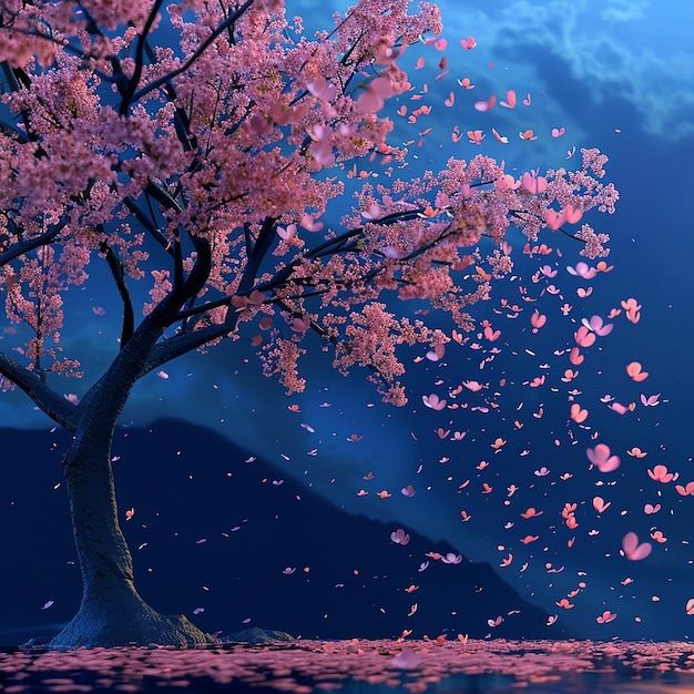 Photo 3d rendered photos of sakura tree and falling sakura leaves on dark blue background