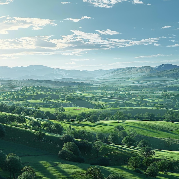 Photo 3d rendered photos of a scenic sunny green rural landscape and aquamarine mountainous vista