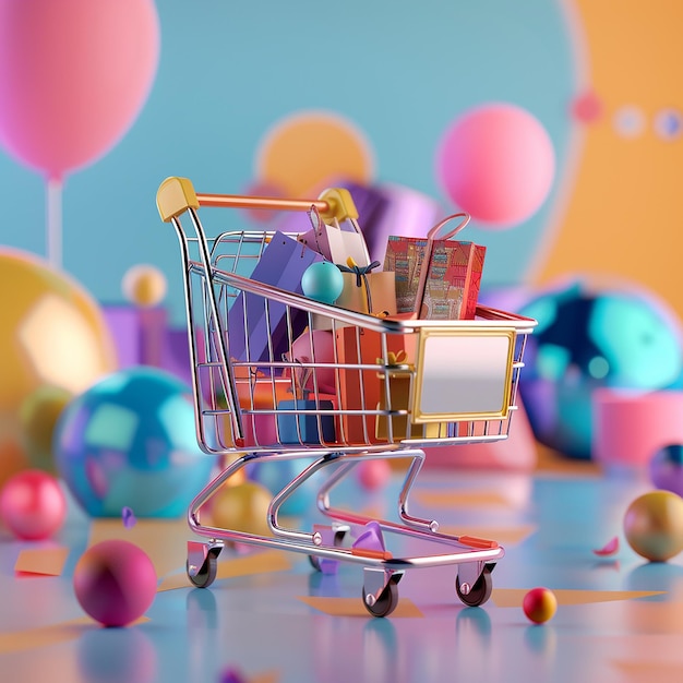 3d rendered photos of shopping cart vibrant colorism background online shopping theme