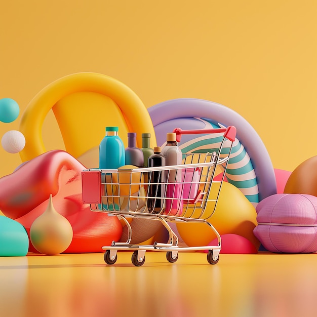 3d rendered photos of shopping cart vibrant colorism background online shopping theme