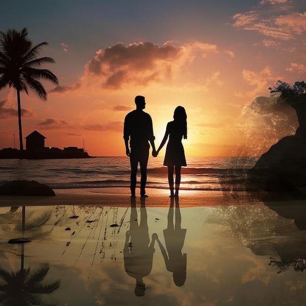 3d rendered photos of silhouette of couple at beach