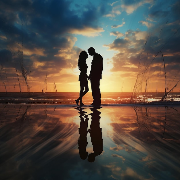 3d rendered photos of silhouette of couple at beach