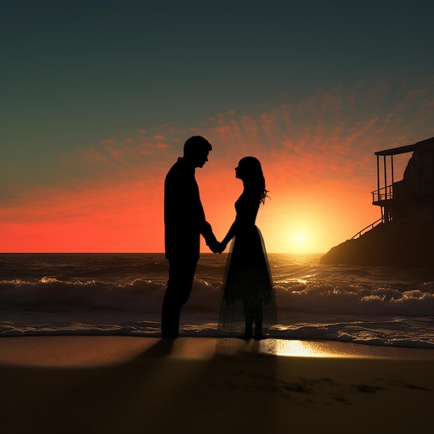 3d rendered photos of silhouette of couple at beach