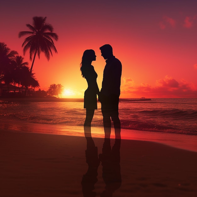 3d rendered photos of silhouette of couple at beach