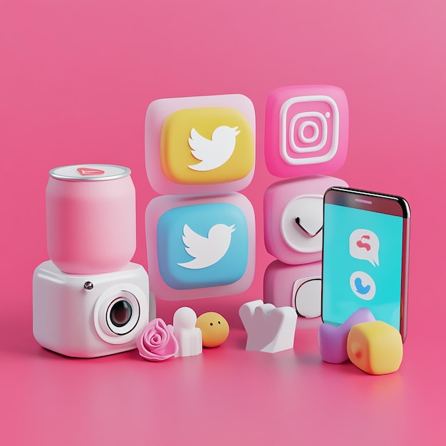 3d rendered photos of social media icons