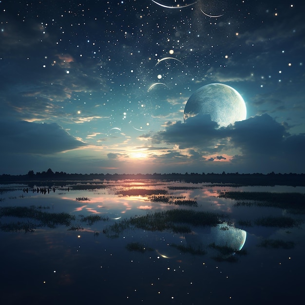 3d rendered photos of stop motion of moon and stars in dusk