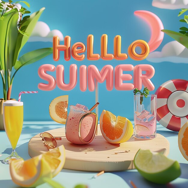 3d rendered photos of summer accessories with text  HELLO SUMMER welcoming summer inspired theme