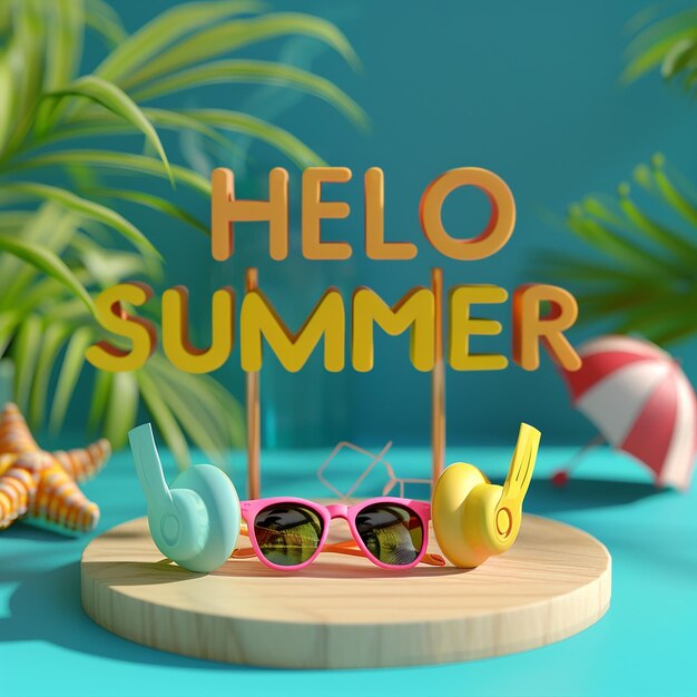 3d rendered photos of summer accessories with text  HELLO SUMMER welcoming summer inspired theme