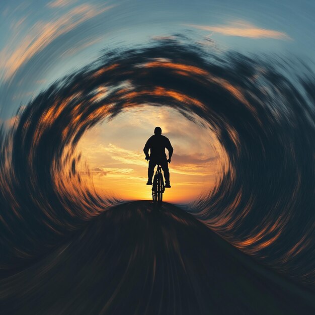 Photo 3d rendered photos of sunset silhouette of a man cycling on a mountain bike generative