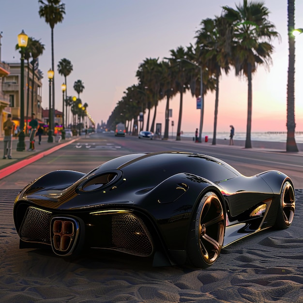 3d rendered photos of super car side angle view parked on side of road near Venice beach at dusk