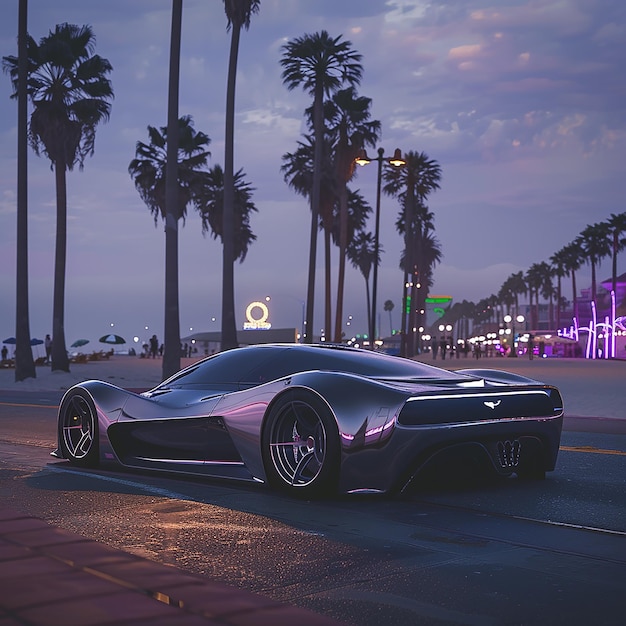 3d rendered photos of super car side angle view parked on side of road near Venice beach at dusk