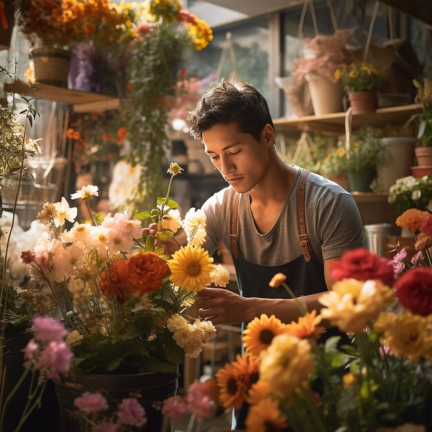 3d rendered photos of young man working in colorful flower shop