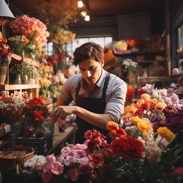 3d rendered photos of young man working in colorful flower shop