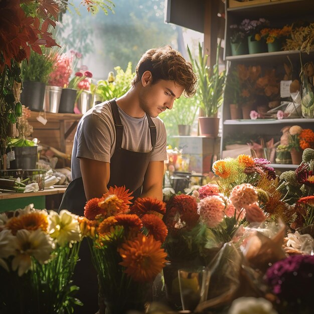 3d rendered photos of young man working in colorful flower shop