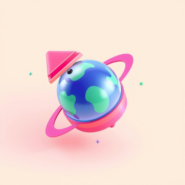 Photo 3d rendered pink and blue earth with rings stars and a pink rocket on a light pink background