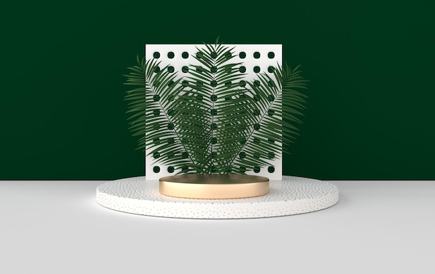 3d rendered podium Platforms for product presentation mock up background, tropic palm leaves