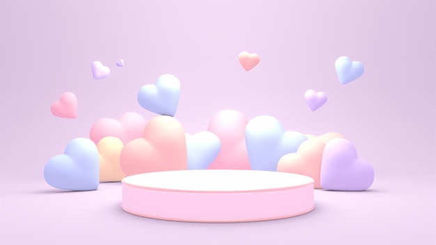 3d rendered podium with colorful pastel hearts