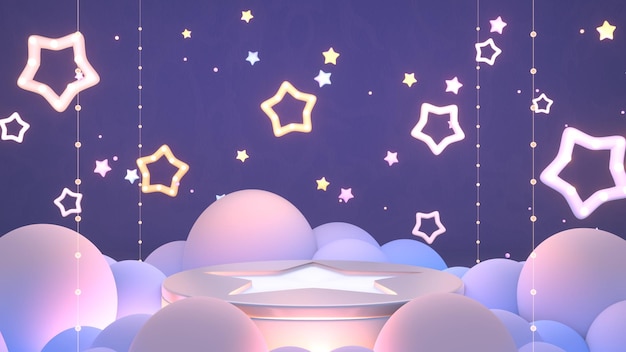 3d rendered podium with stars and clouds.