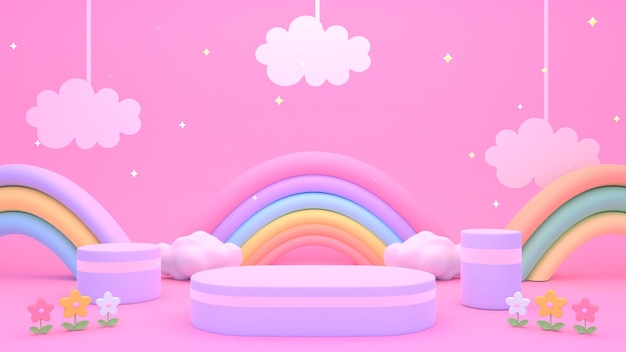 3d rendered podiums with paper clouds flowers and rainbows