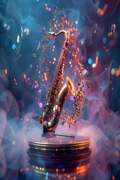 Photo 3d rendered portrait of a saxophone sitting on a stand on a stage with smokey background