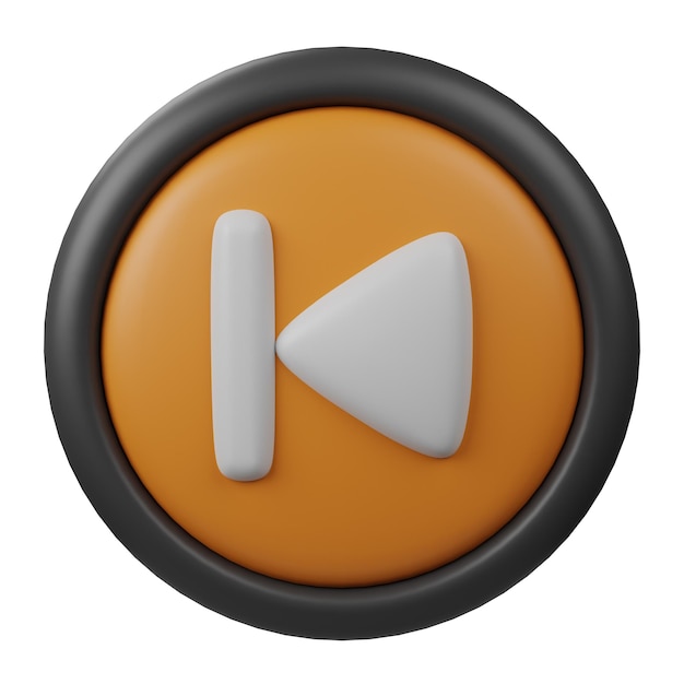 3D Rendered Previous Button Icon with Orange Color and Black Border for Video Player Controls or UI