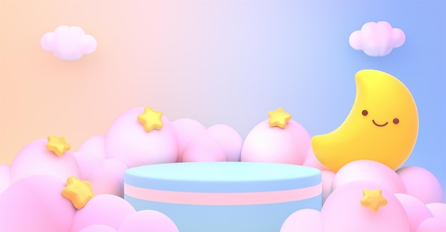 3d rendered product display podium and cute smiling moon