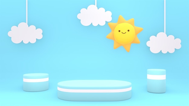 3d rendered product display podiums with cute sun and hanging paper clouds