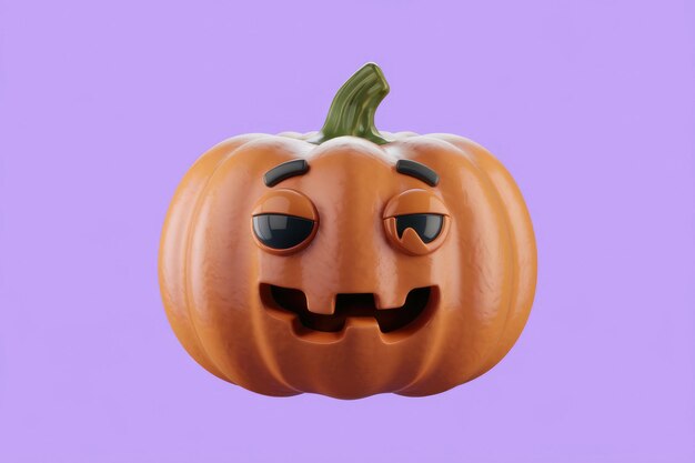 A 3D rendered pumpkin with a mischievous grin and sleepy eyes