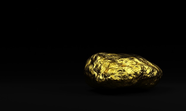 3D rendered  Pure gold nugget on  black background