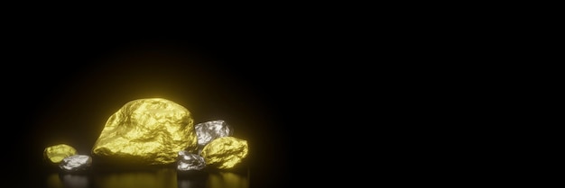 3D rendered pure gold and silver nuggets on black background