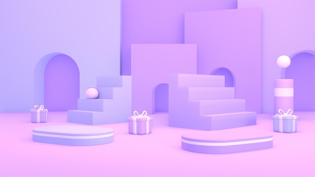 3d rendered purple product display stairs podiums balls and gifts