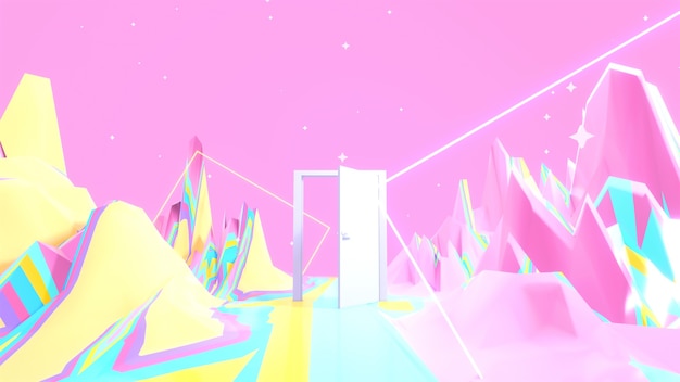 3d rendered rainbow terrain with glowing square tubes stars and a mysterious door