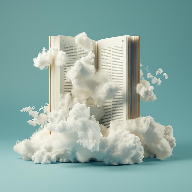 Photo 3d rendered realistic book with clouds on blue background