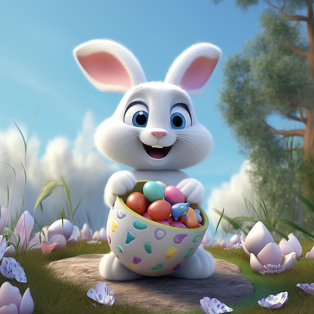 3D rendered realistic illustration of a cute cool white Easter bunny holding a basket of Easter eggs