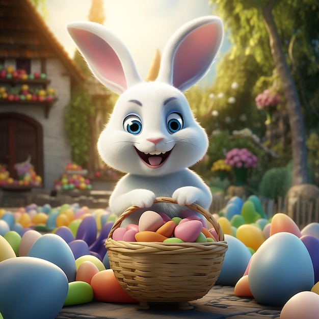 3D rendered realistic illustration of a cute cool white Easter bunny holding a basket of Easter eggs