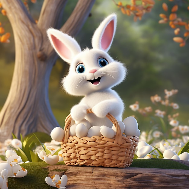 3D rendered realistic illustration of a cute cool white Easter bunny holding a basket of Easter eggs