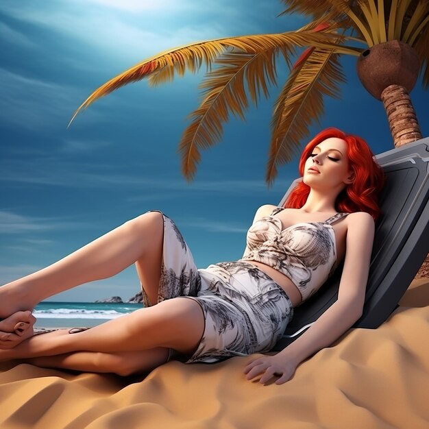 Photo 3d rendered redhead beautiful woman side angle lying on the beach sunbathing beach outfit landscape