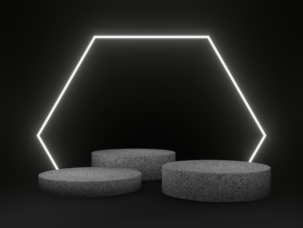 3D rendered rock podium with white neon frame. Stone mockup on black background.