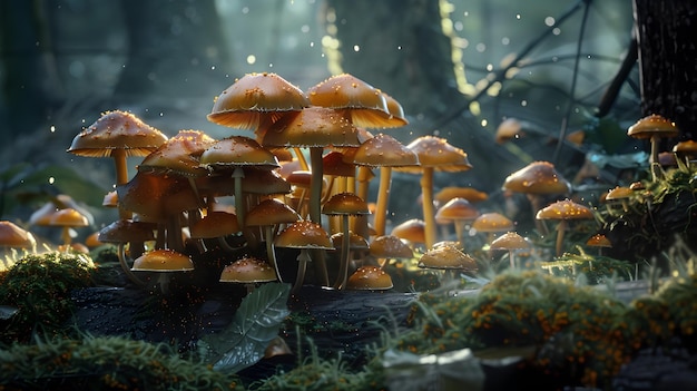 A 3D rendered scene depicting a diverse array of microscopic mushroom varieties gathered