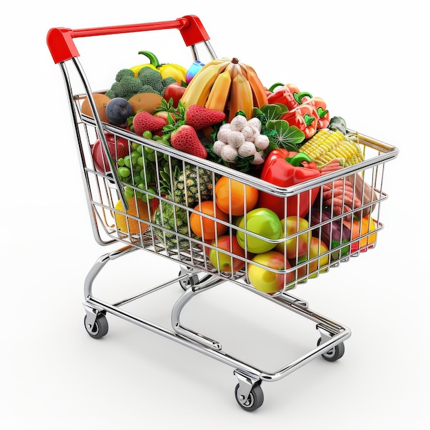 3D rendered Shopping cart full of fresh fruits vegetables and various food items