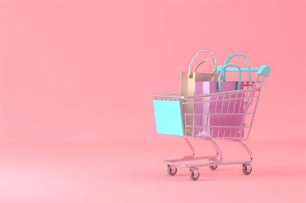 3D Rendered Shopping Cart with Colorful Paper Bags on a Pink Minimalistic Background