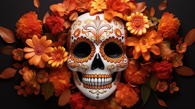 3d rendered skull for the mexican day of the dead orange flowerdark background