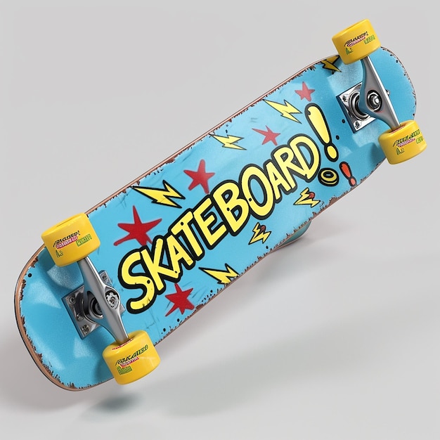 3d rendered a skyblue color skateboard with yellow and red point color on sides with text SKATEBOARD