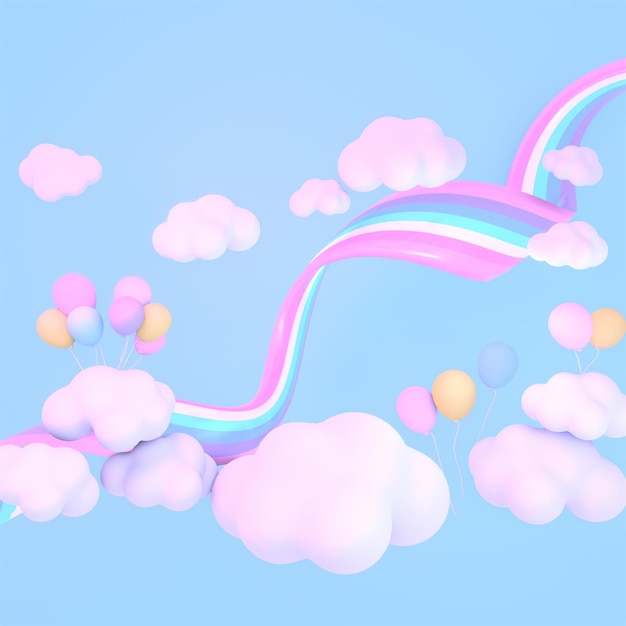 3d rendered soft pastel colorful balloons, clouds, and spiral rainbow in the blue sky.