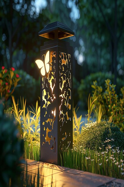 Photo 3d rendered a solar powered garden light with an illuminated butterfly design on the top