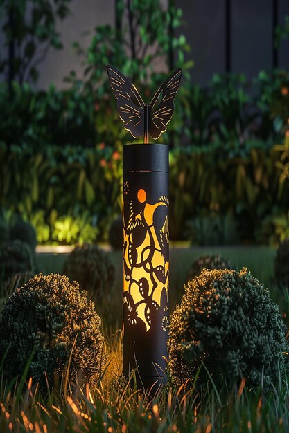 Photo 3d rendered a solar powered garden light with an illuminated butterfly design on the top