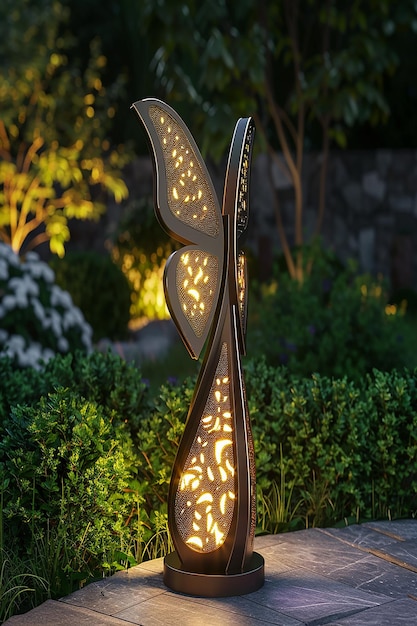 Photo 3d rendered a solar powered garden light with an illuminated butterfly design on the top